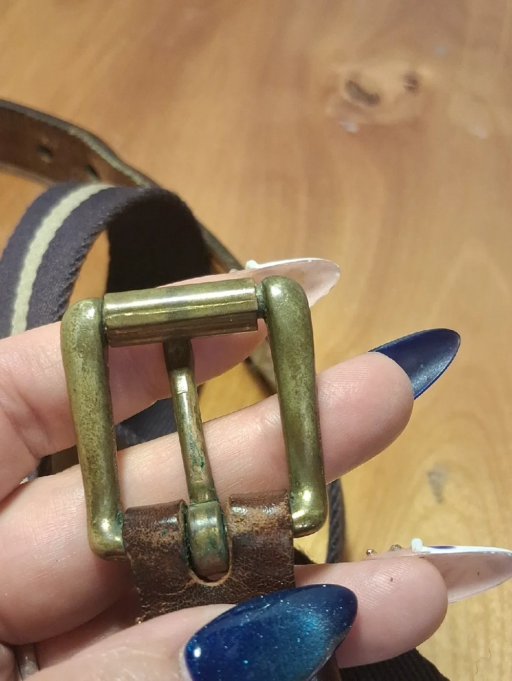 Dooney And Bourke Women Navy and Tan Striped Canvas Belt with Brown Leather Trim